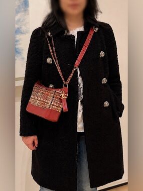 CHANEL Small Gabrielle Red Tweed and Leather Crossbody with Gold CC Charm